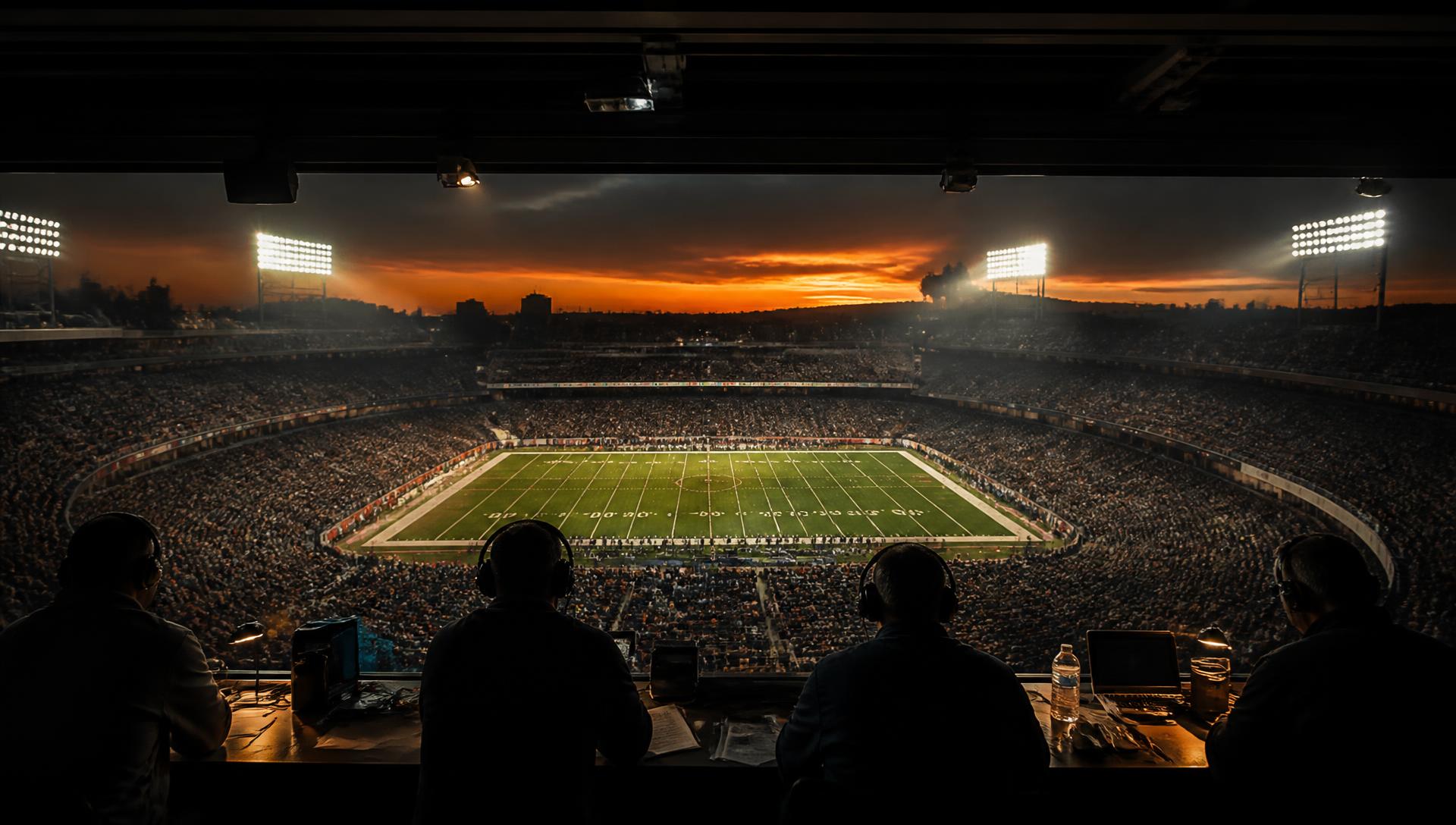View from a press box over a floodlit football stadium at dusk